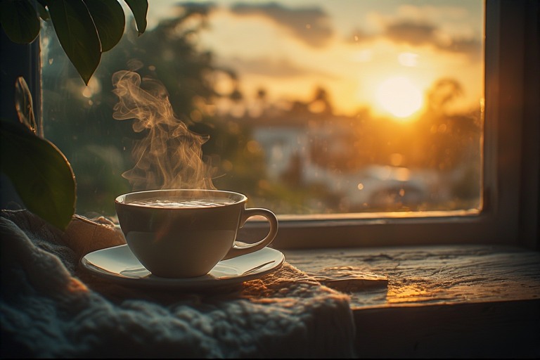 Pagi yang Hangat: Menyambut Matahari dengan Minuman dan Cahaya